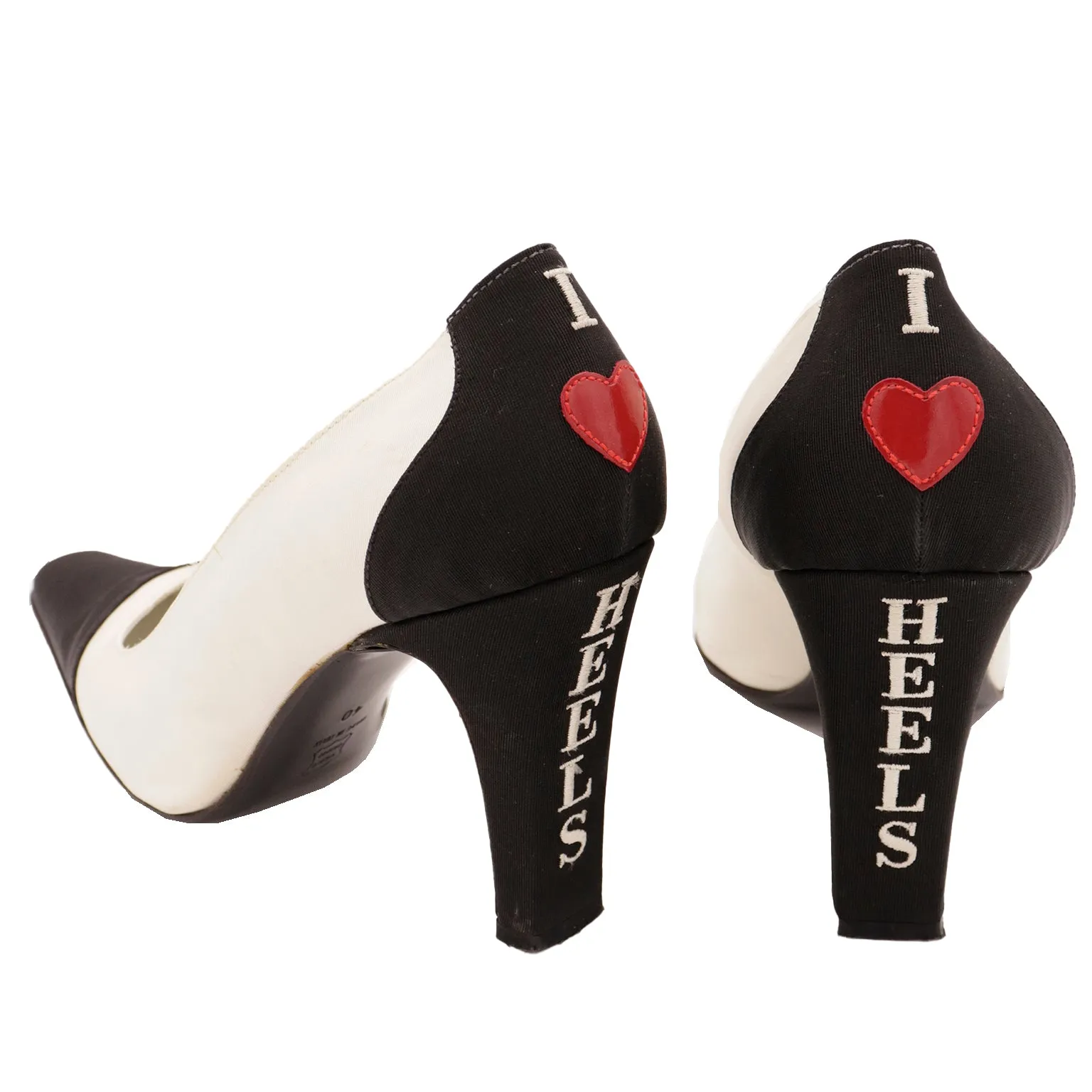 1990s Moschino Black & Ivory I Love Heels Red Heart Pumps w Original Shoe Box