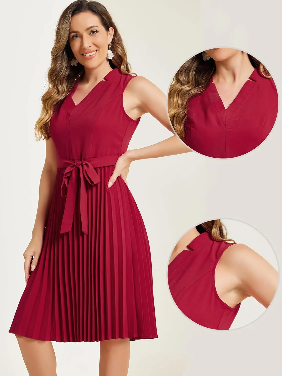 Allegra K Pleated Dress for Women's Sleeveless V Neck Tie Waist A-line Midi Dresses