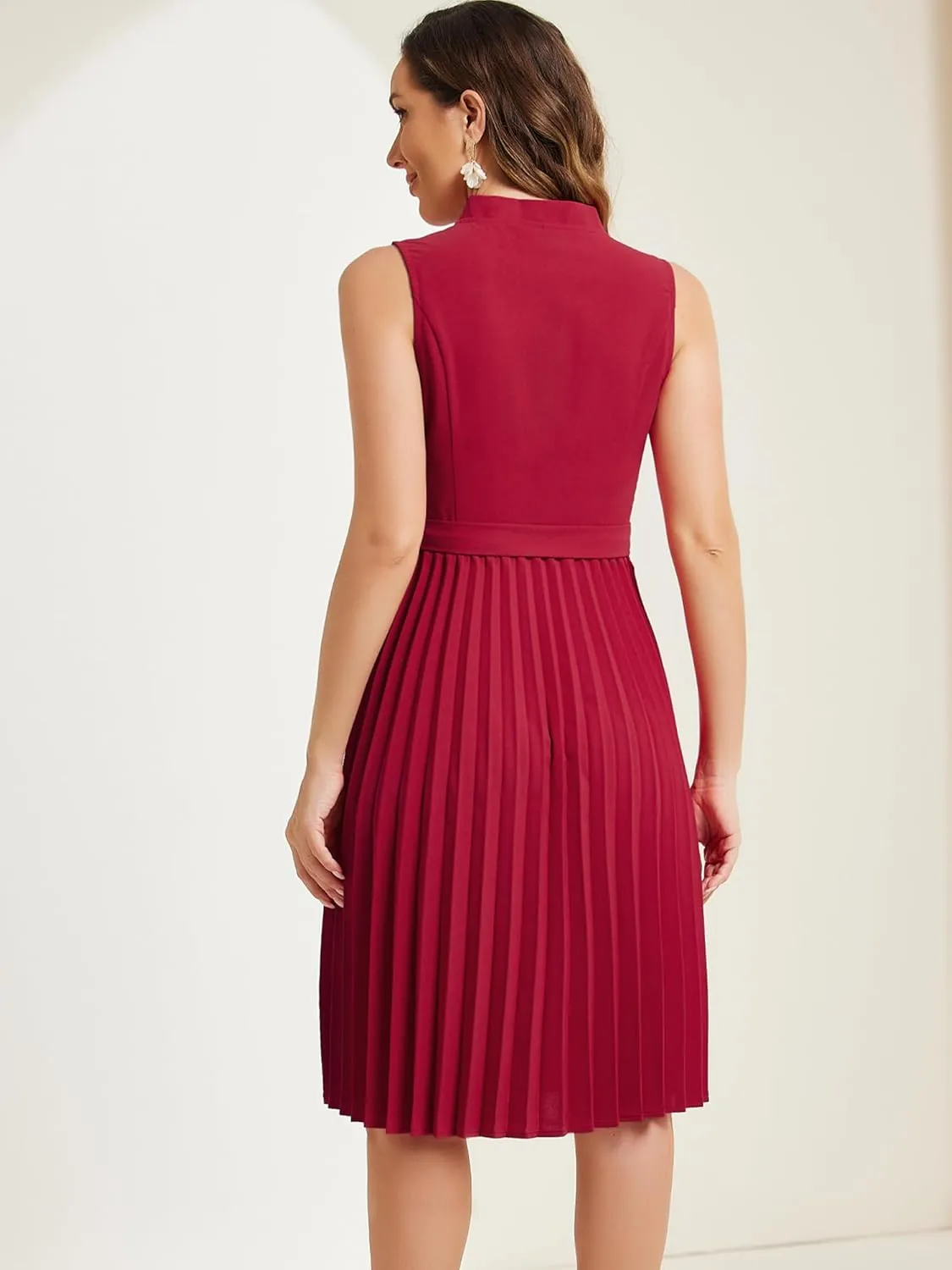 Allegra K Pleated Dress for Women's Sleeveless V Neck Tie Waist A-line Midi Dresses