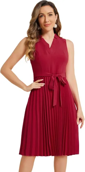 Allegra K Pleated Dress for Women's Sleeveless V Neck Tie Waist A-line Midi Dresses