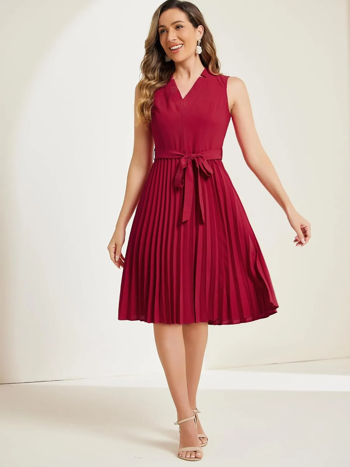 Allegra K Pleated Dress for Women's Sleeveless V Neck Tie Waist A-line Midi Dresses