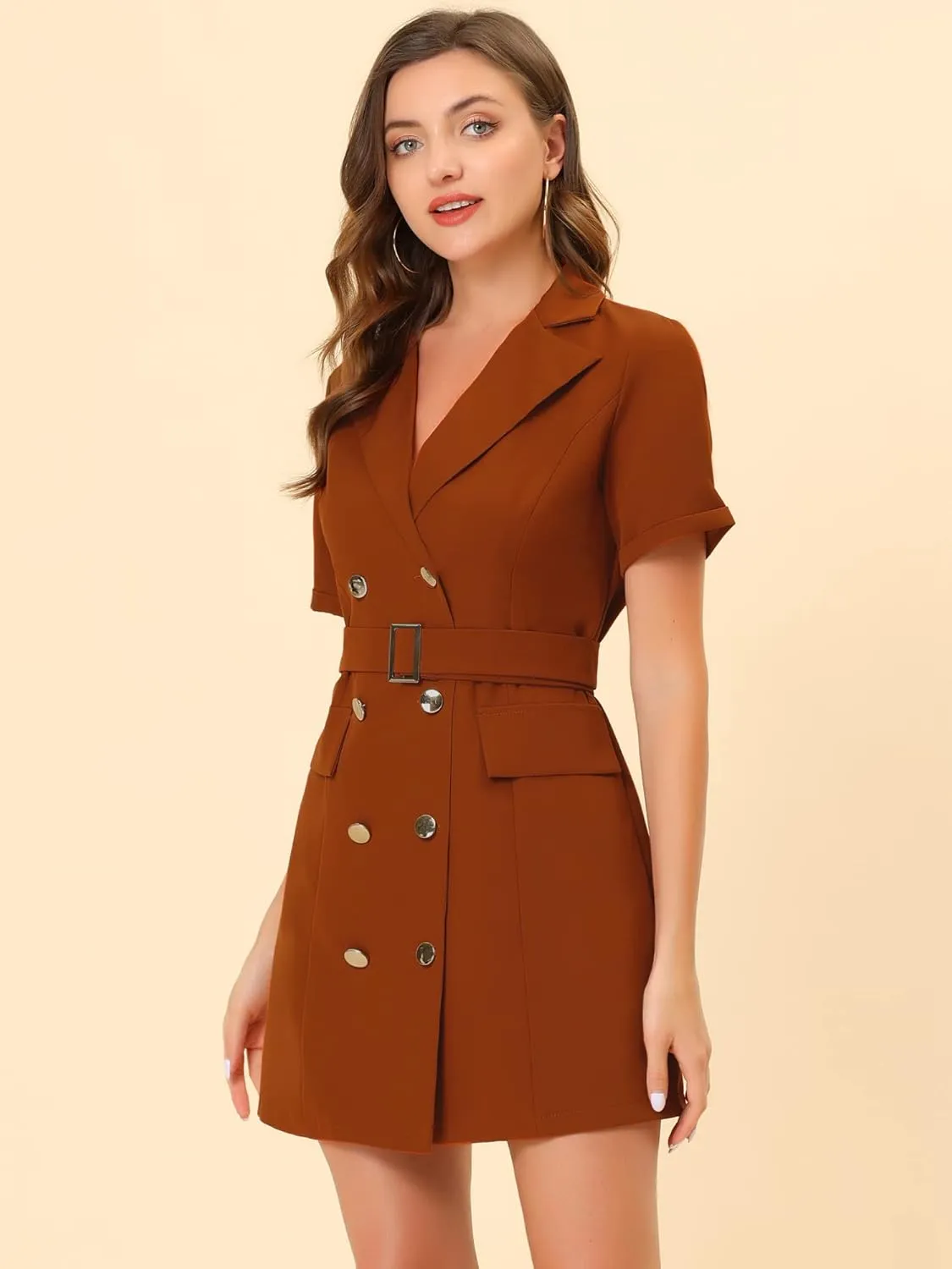 Allegra K Women's Notched Lapel Double Breasted Casual Work Office Belted Blazer Dress