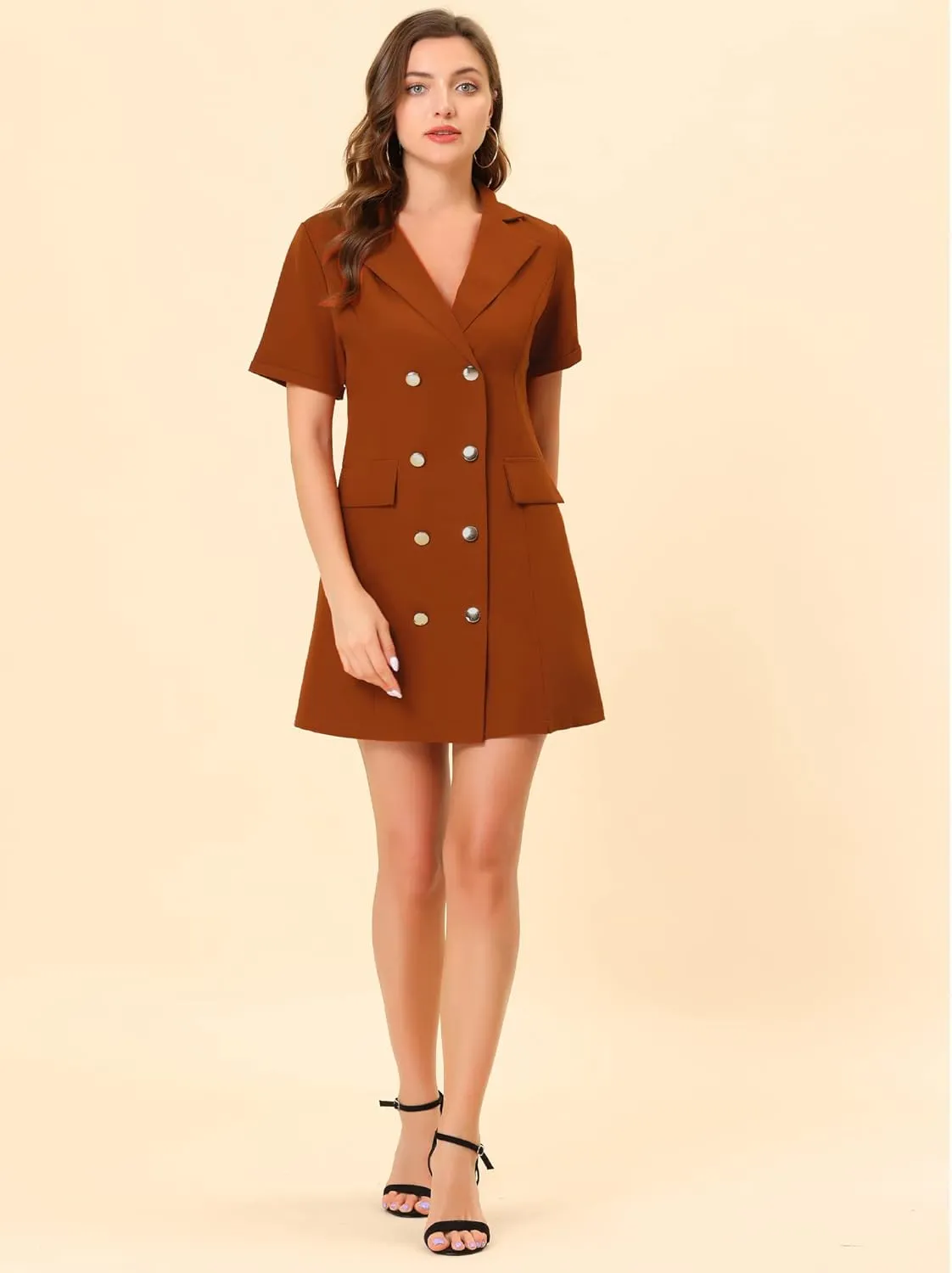 Allegra K Women's Notched Lapel Double Breasted Casual Work Office Belted Blazer Dress