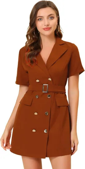 Allegra K Women's Notched Lapel Double Breasted Casual Work Office Belted Blazer Dress