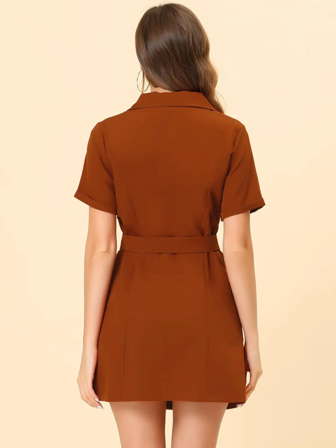 Allegra K Women's Notched Lapel Double Breasted Casual Work Office Belted Blazer Dress