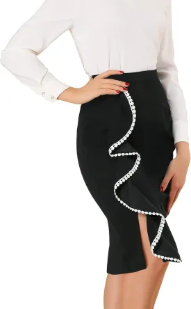 Allegra K Women's Pencil Skirt High Waist Ruffle Trim Split Work Office Skirts