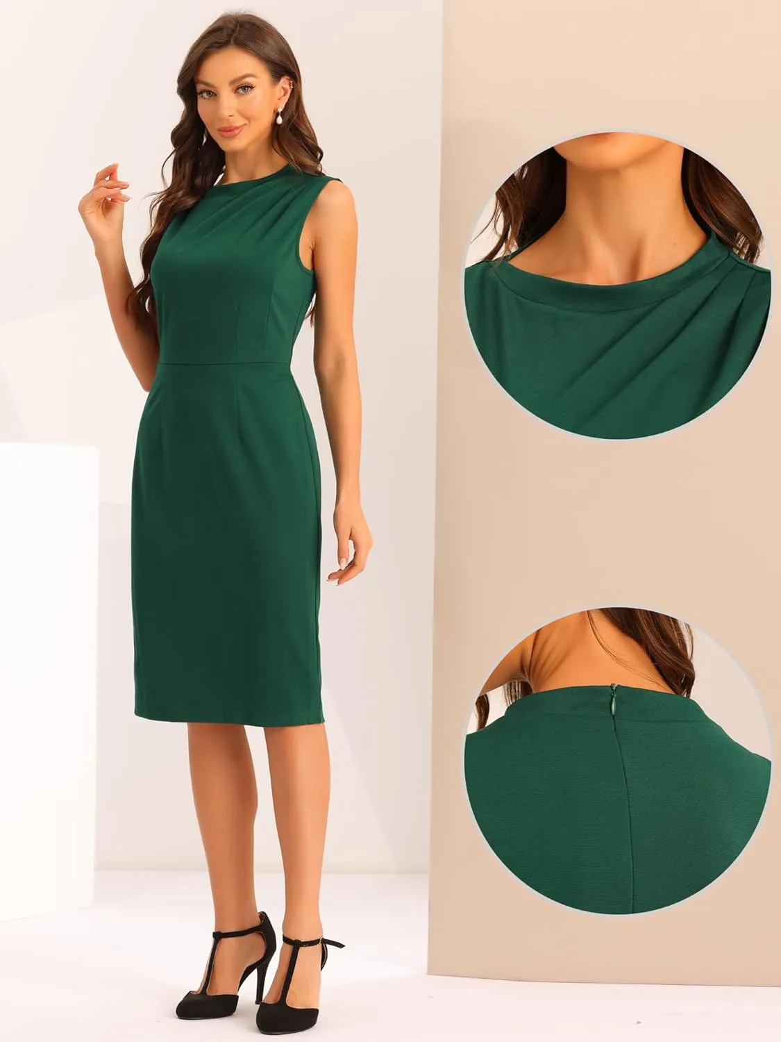 Allegra K Work Dress for Women's Crew Neck Business Casual Knee Length Sleeveless Sheath Dresses