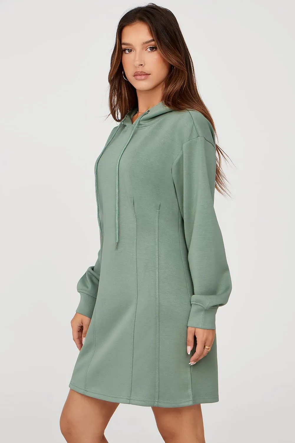 AlvaQ Womens Dresses Fall Winter 2024 Casual Long Sleeve Drawstring Pleated Hoodies Sweatshirt Pullover Tunic Mini Dress
