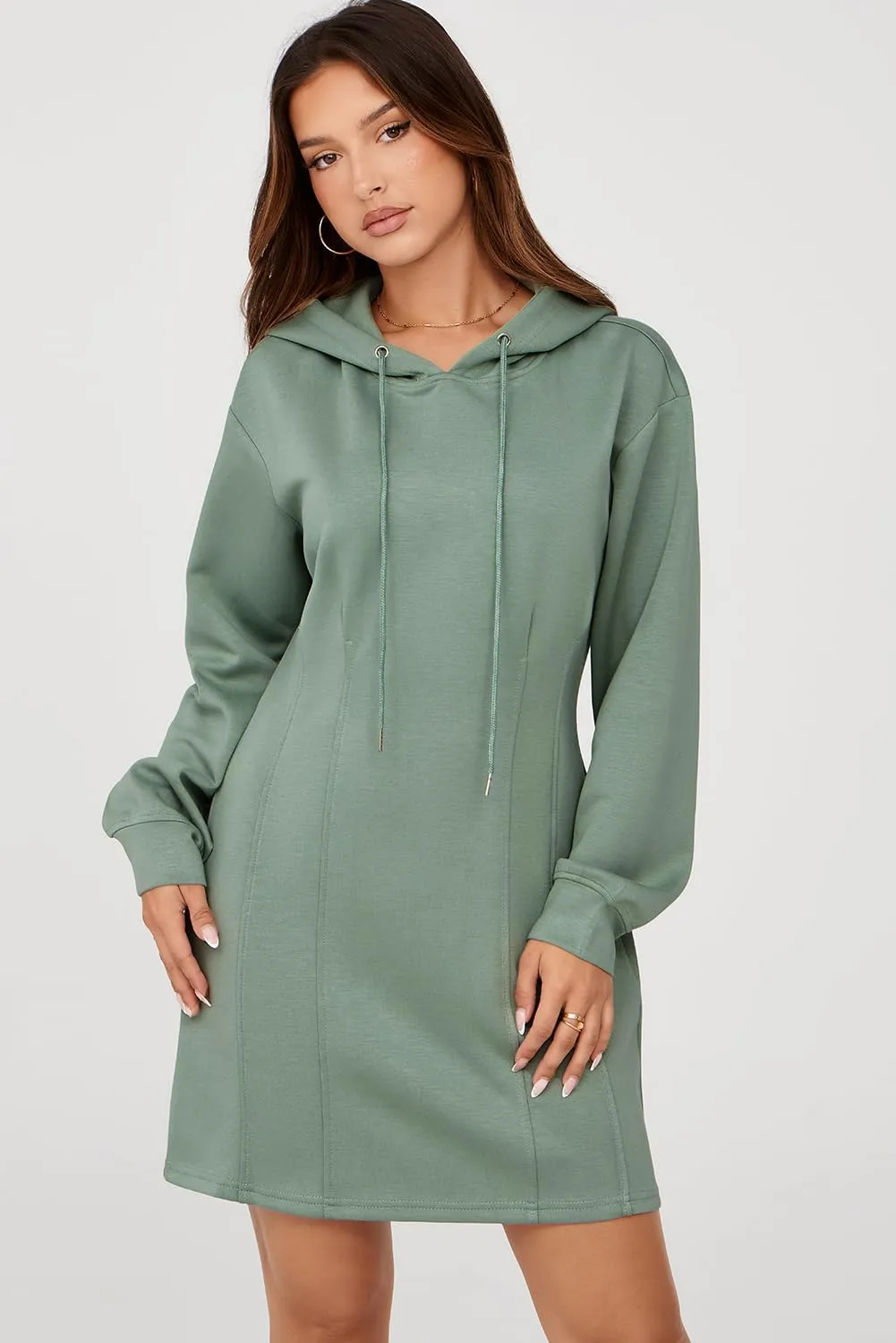 AlvaQ Womens Dresses Fall Winter 2024 Casual Long Sleeve Drawstring Pleated Hoodies Sweatshirt Pullover Tunic Mini Dress