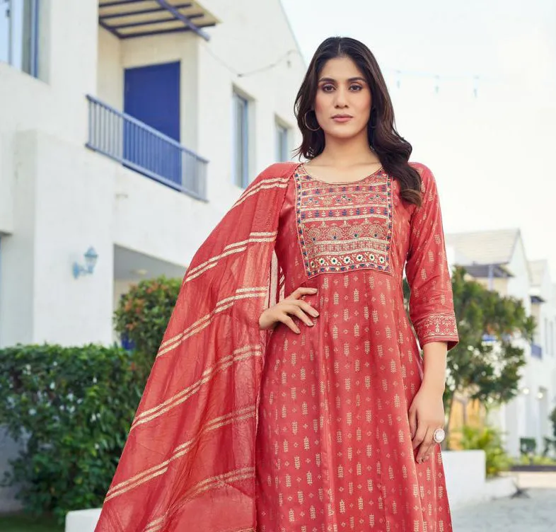 Appealing Red Color Foil Print Kurti And Palazzo Suits With Jacquard Chanderi Work Dupatta