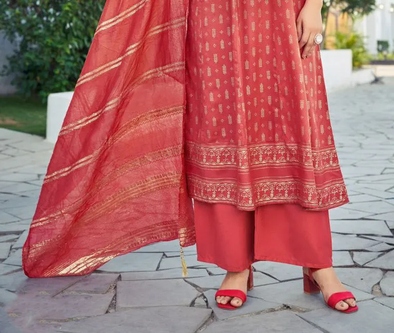 Appealing Red Color Foil Print Kurti And Palazzo Suits With Jacquard Chanderi Work Dupatta