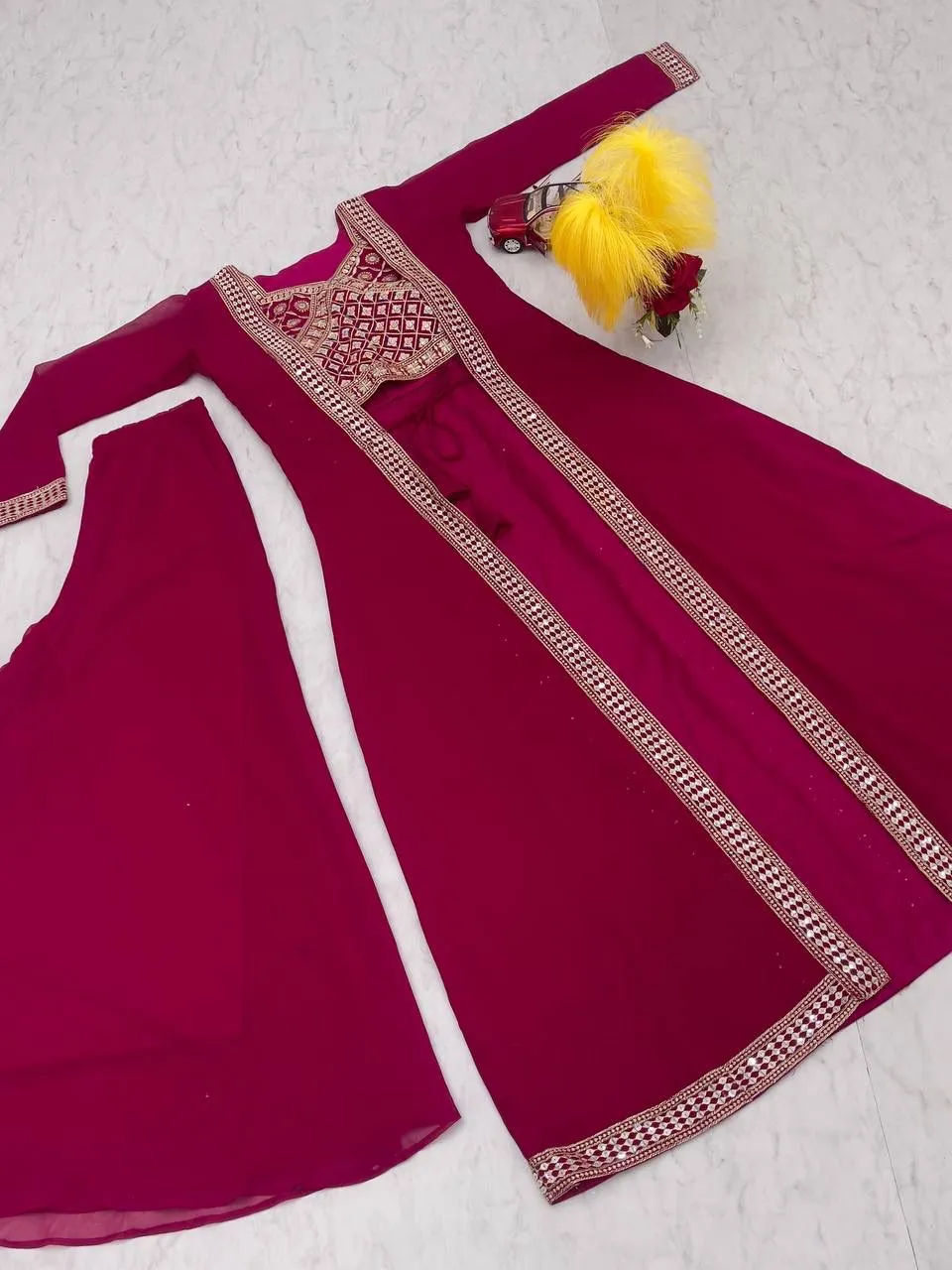 Attractive Maroon Color Heavy Georgette Embroidery Lace Kurti With Palazzo Suits For Women