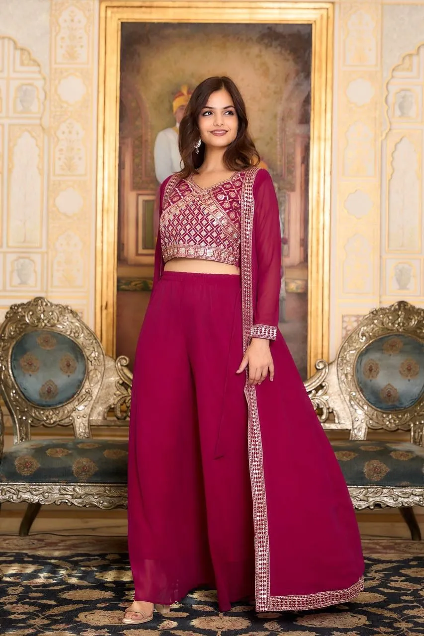 Attractive Maroon Color Heavy Georgette Embroidery Lace Kurti With Palazzo Suits For Women