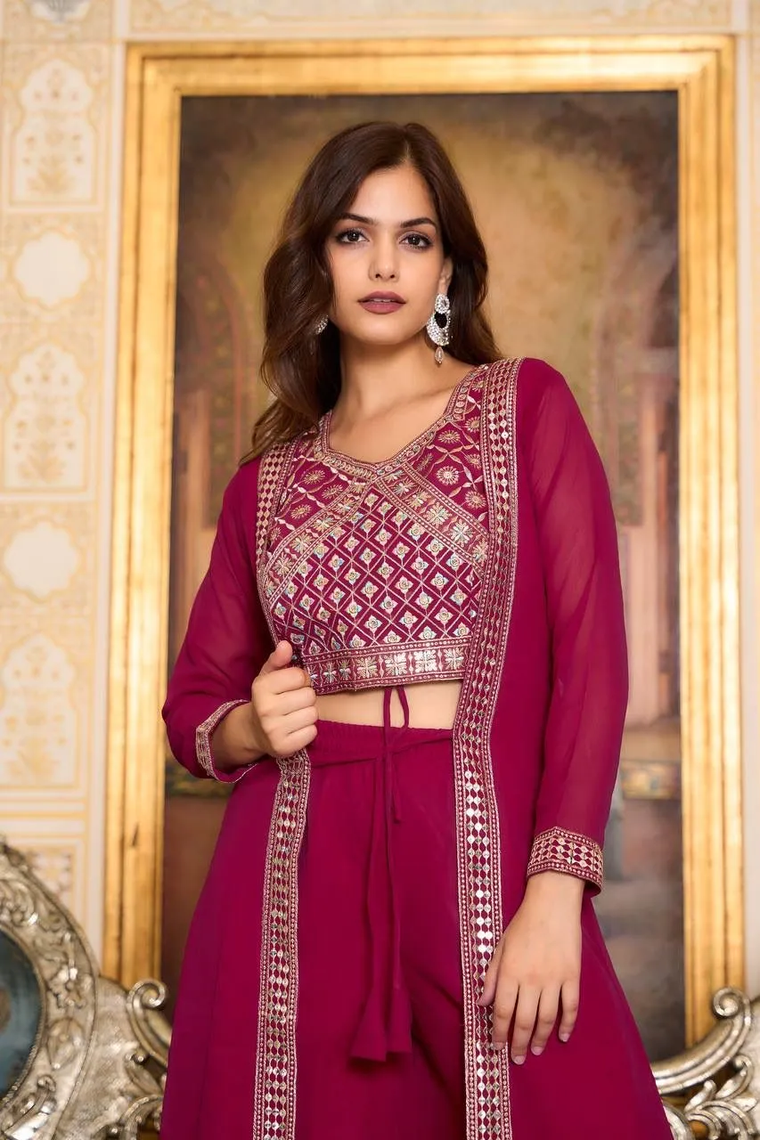 Attractive Maroon Color Heavy Georgette Embroidery Lace Kurti With Palazzo Suits For Women