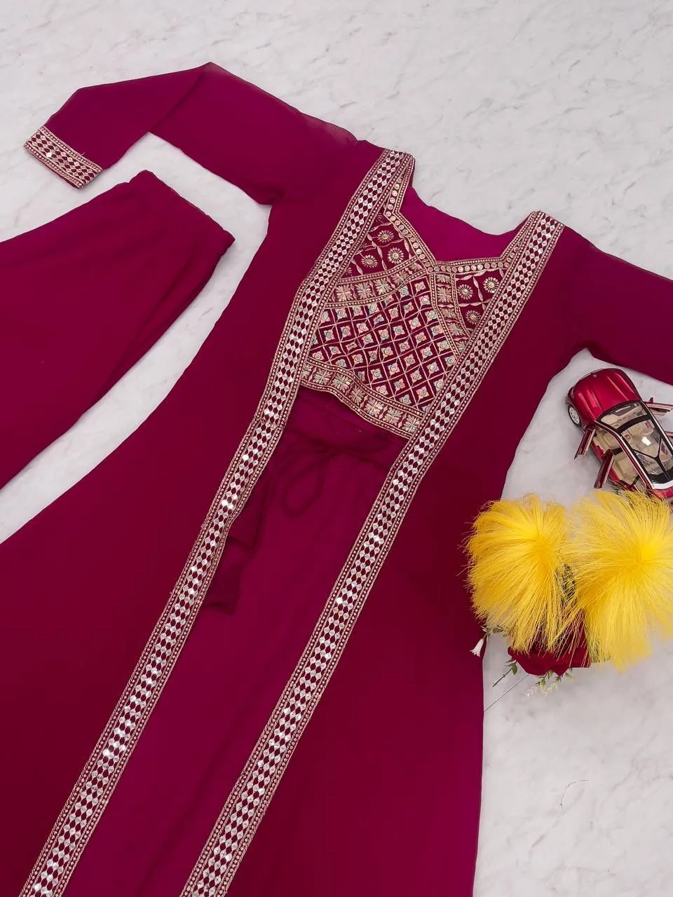 Attractive Maroon Color Heavy Georgette Embroidery Lace Kurti With Palazzo Suits For Women