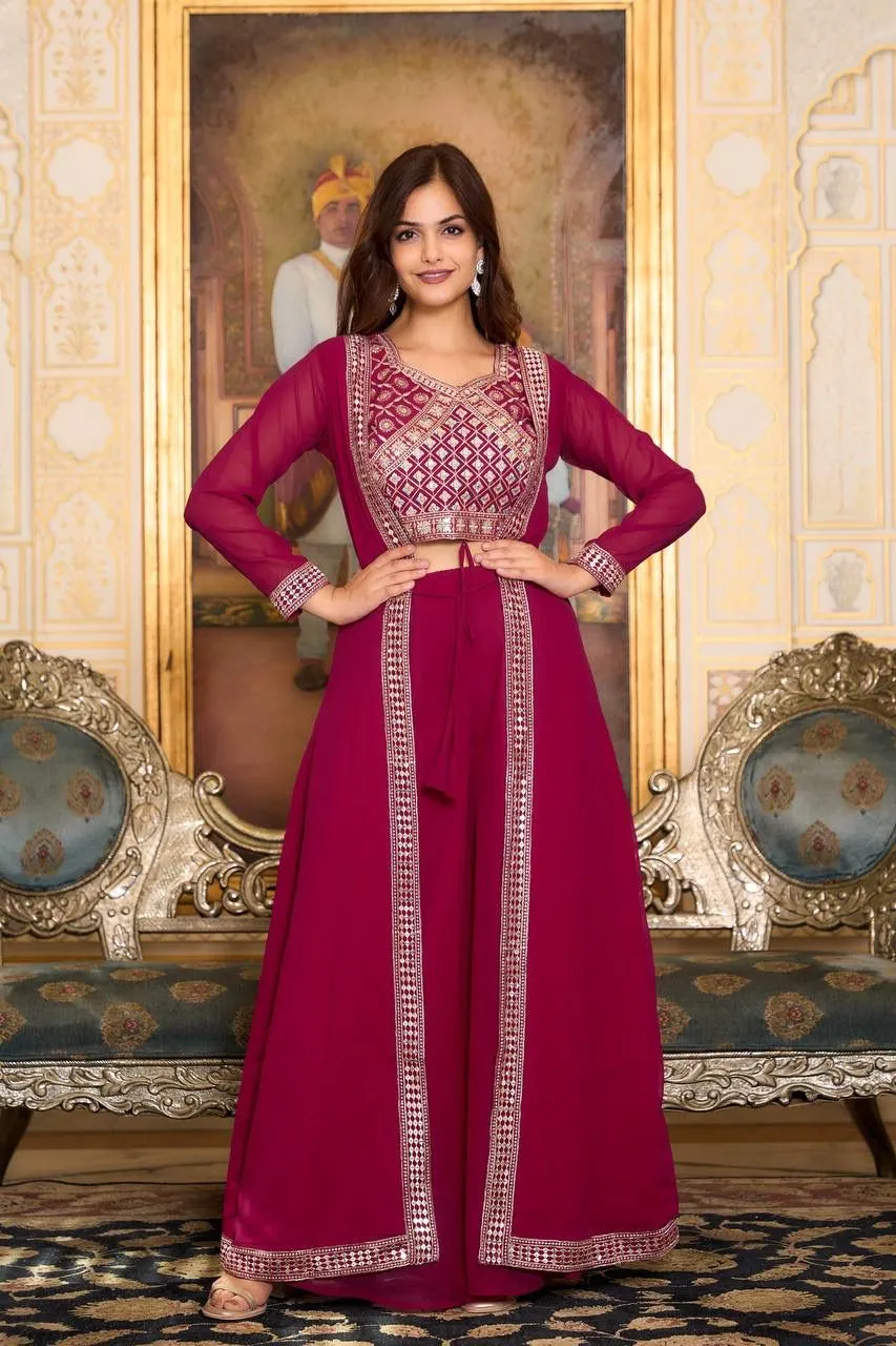 Attractive Maroon Color Heavy Georgette Embroidery Lace Kurti With Palazzo Suits For Women