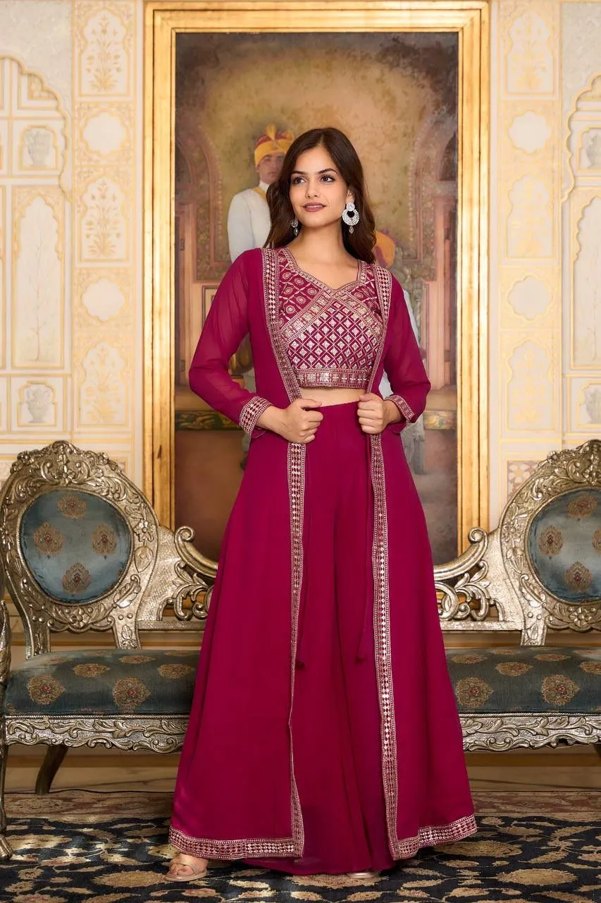 Attractive Maroon Color Heavy Georgette Embroidery Lace Kurti With Palazzo Suits For Women