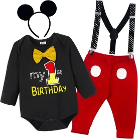 Baby Boys Mouse Costume Outfit 1st Birthday Cosplay Bowtie Bodysuit Suspenders Shorts Pants Cake Smash Tuxedo