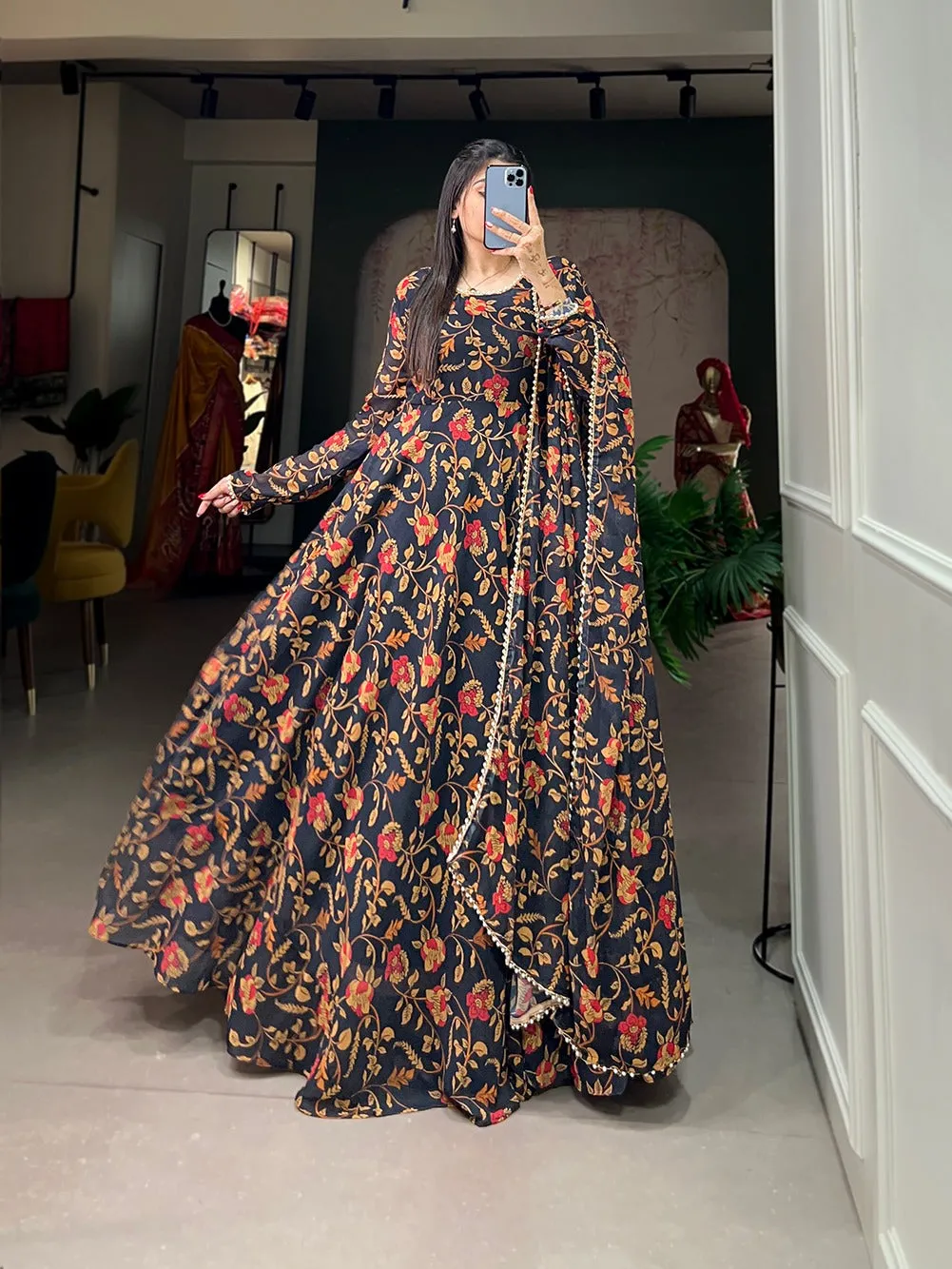 Black Color Captivate All Eyes in This Elegant Floral Printed Georgette Gown with Dupatta