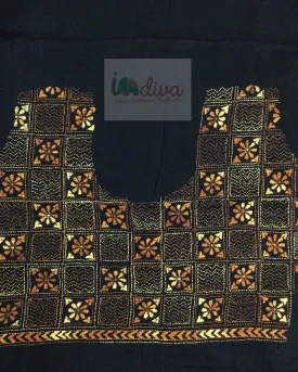 Black Kantha Blouse Piece with White & Orange Motifs