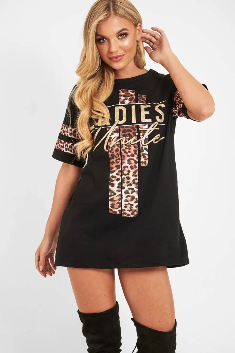 Black Leopard Ladies Unite Slogan T-Shirt - Kayzlee