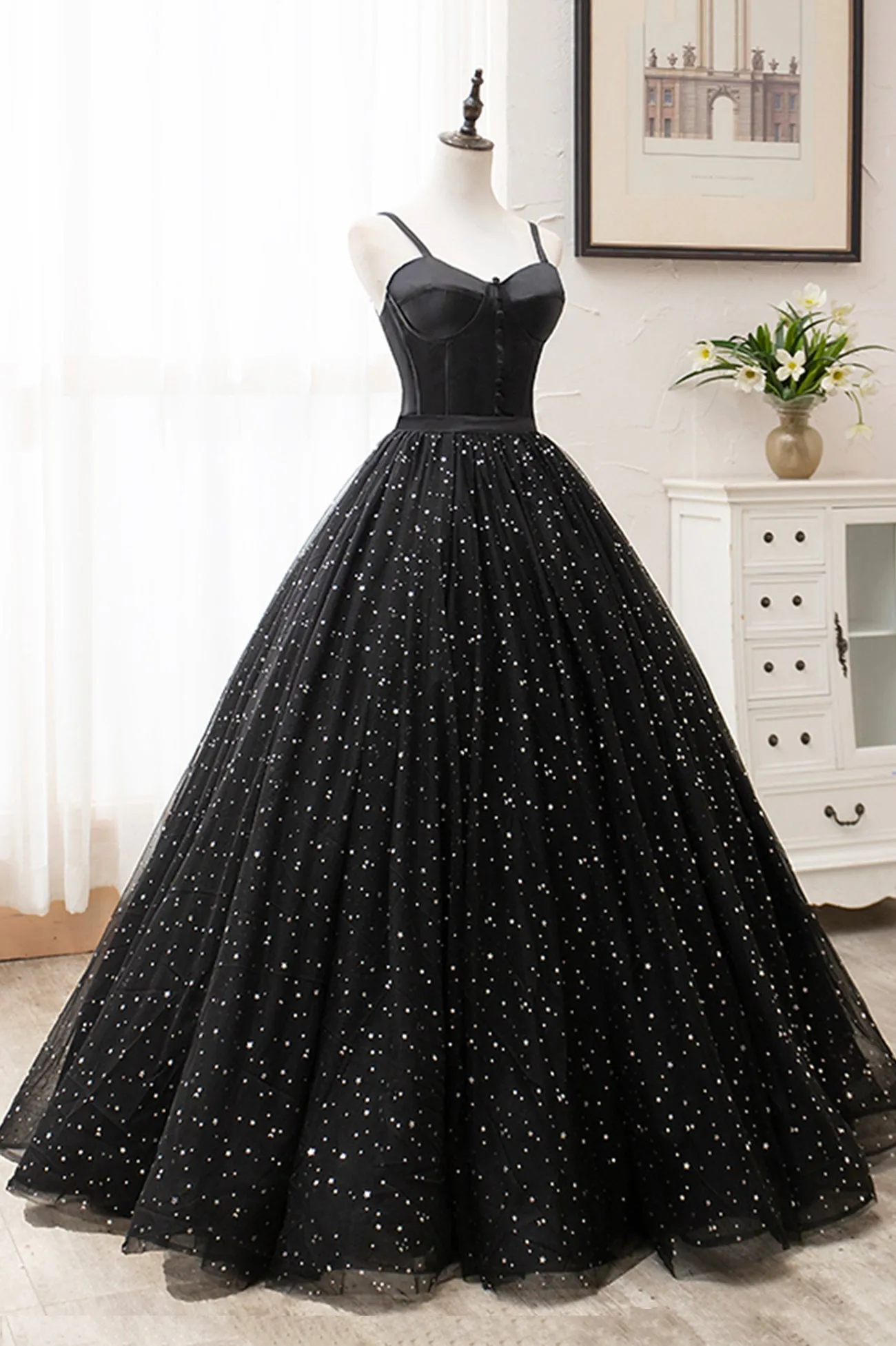 Black Tulle Long A-Line Long Prom Dresses Black Evening Party Dresses