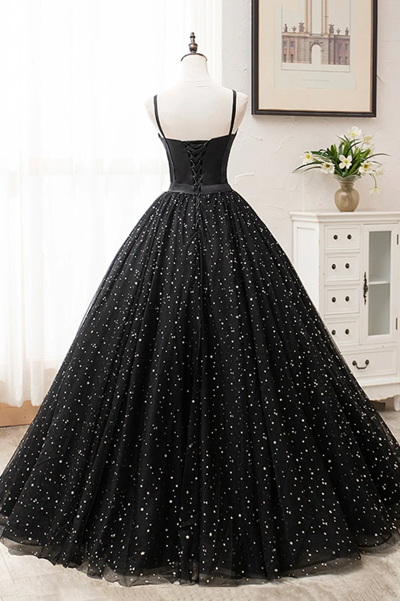 Black Tulle Long A-Line Long Prom Dresses Black Evening Party Dresses