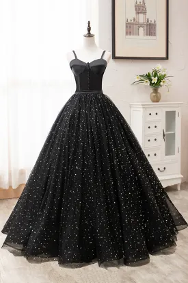 Black Tulle Long A-Line Long Prom Dresses Black Evening Party Dresses