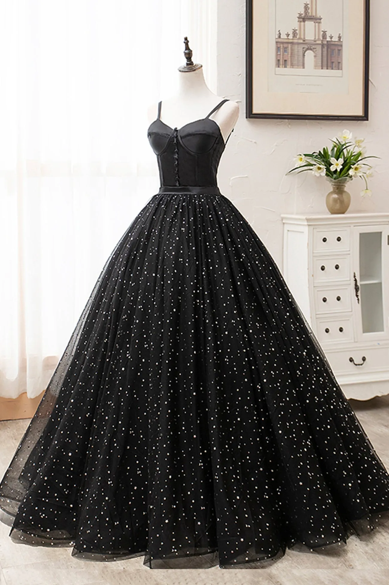 Black Tulle Long A-Line Long Prom Dresses Black Evening Party Dresses