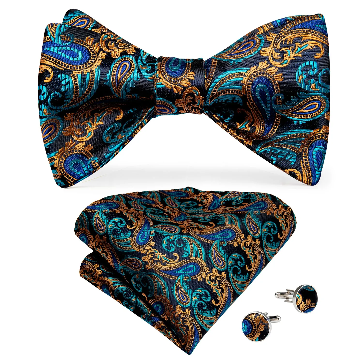 Blue Brown Paisley Silk Self-Bowtie Pocket Square Cufflinks Set