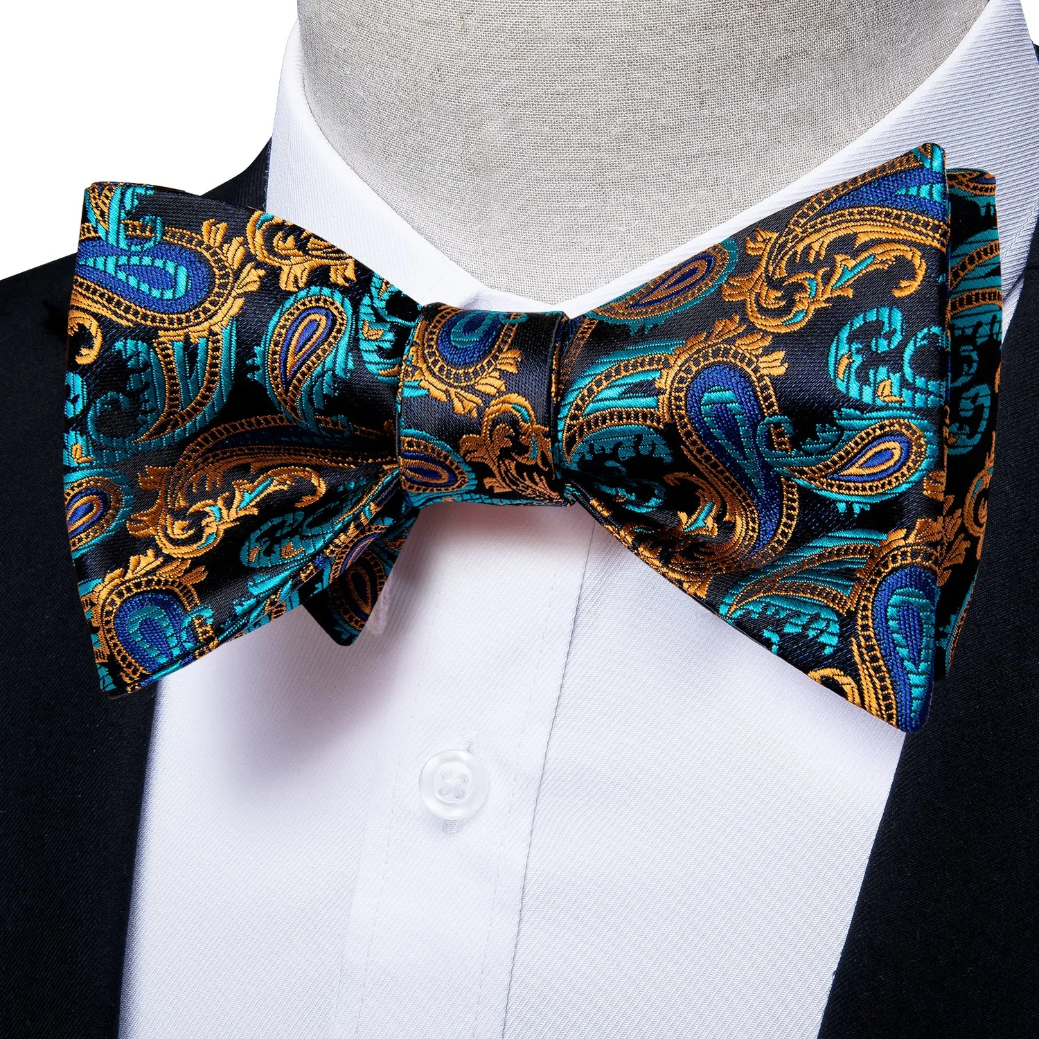Blue Brown Paisley Silk Self-Bowtie Pocket Square Cufflinks Set