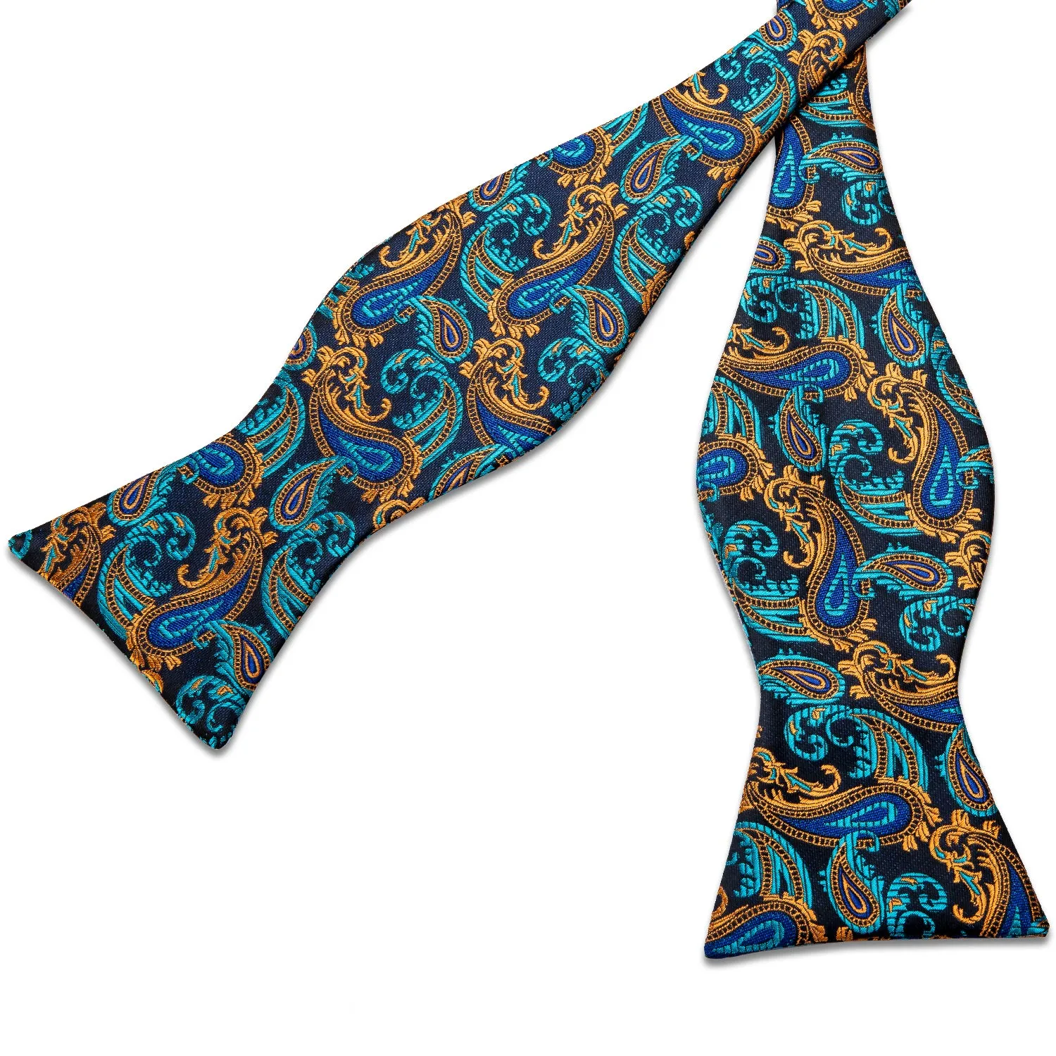 Blue Brown Paisley Silk Self-Bowtie Pocket Square Cufflinks Set