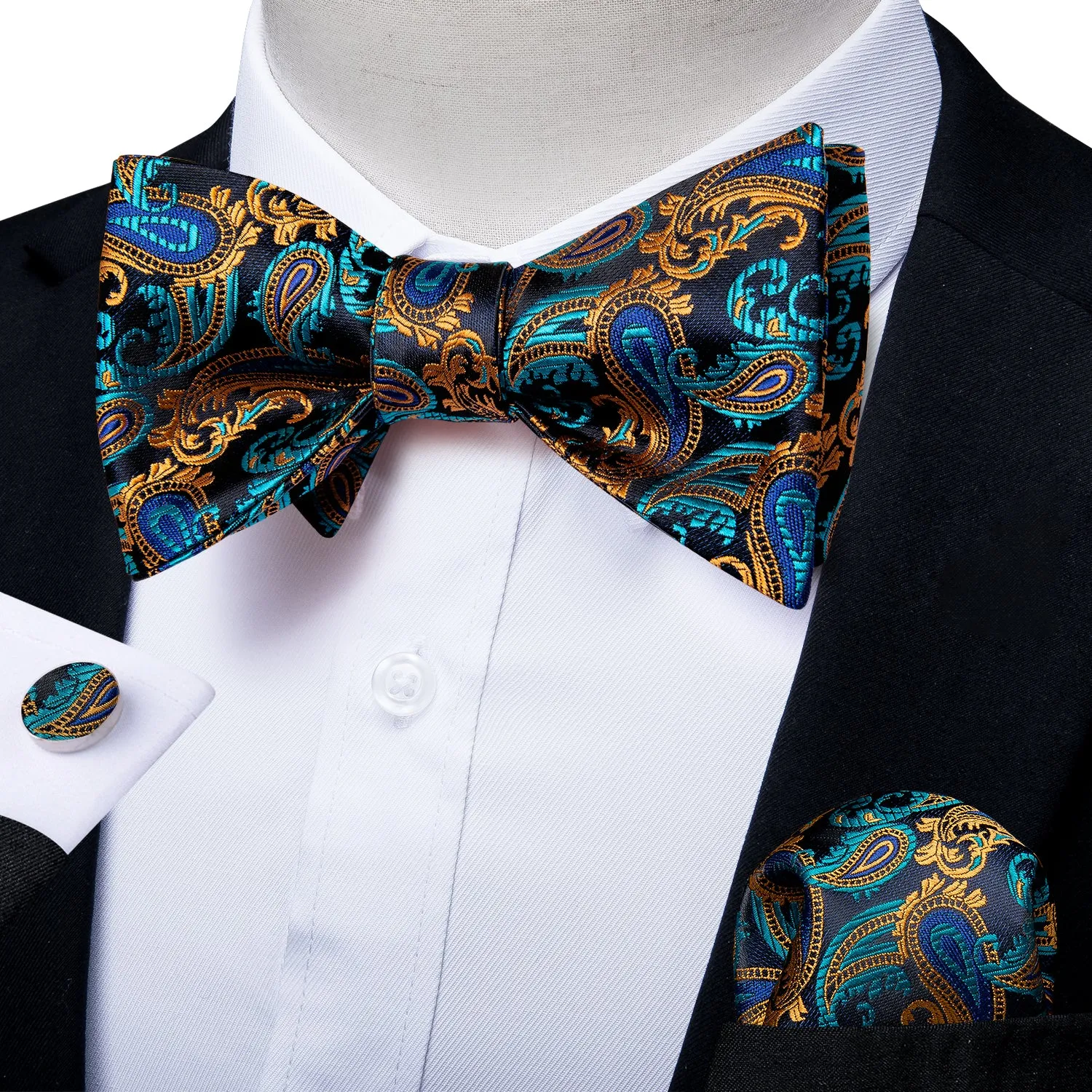 Blue Brown Paisley Silk Self-Bowtie Pocket Square Cufflinks Set