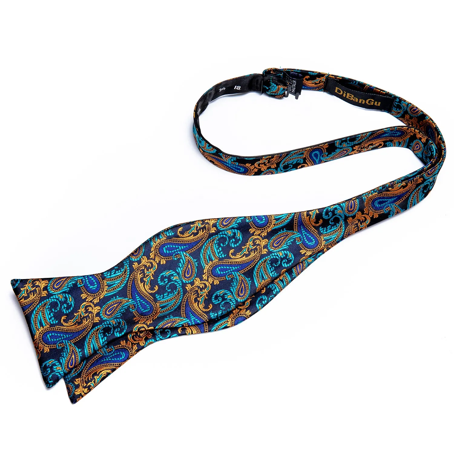 Blue Brown Paisley Silk Self-Bowtie Pocket Square Cufflinks Set