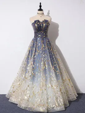 Blue Ombre Long Lace Prom Dresses, Blue Long Lace Tulle Formal Evening Dresses
