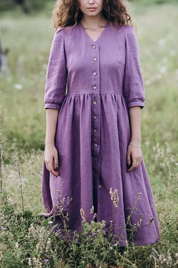 Button V Neck Half Sleeve Midi Dress
