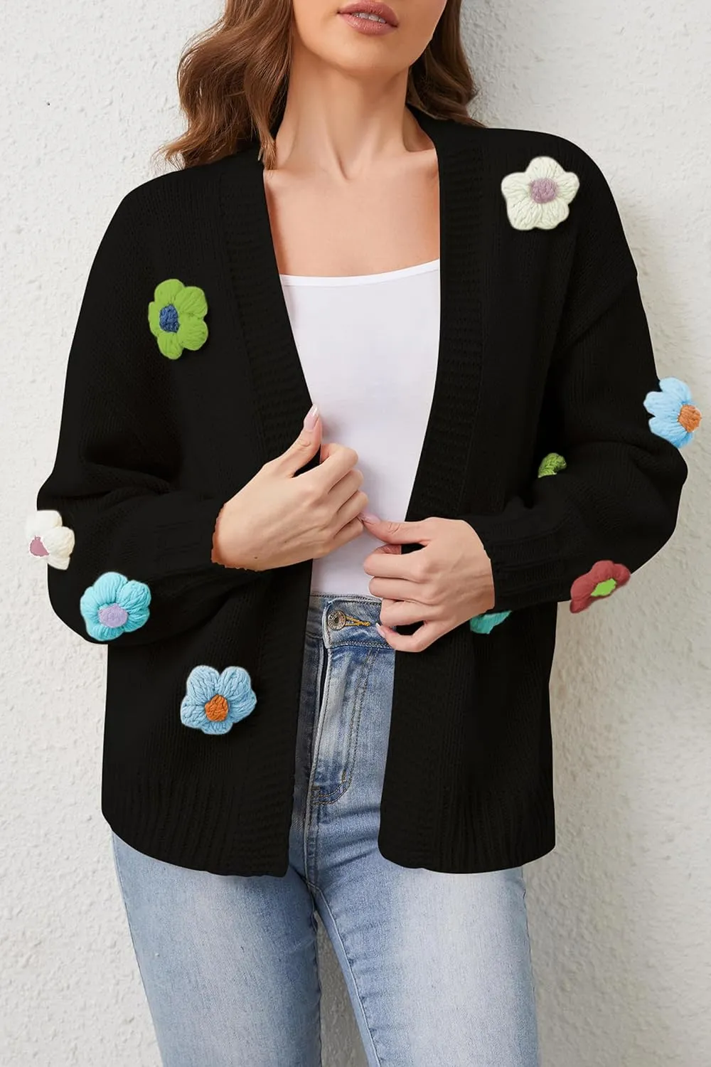Cakulo Womens 2024 Cardigan Sweaters Fall Oversized Chunky 3D Flower Open Front Knit Cardigans Trendy