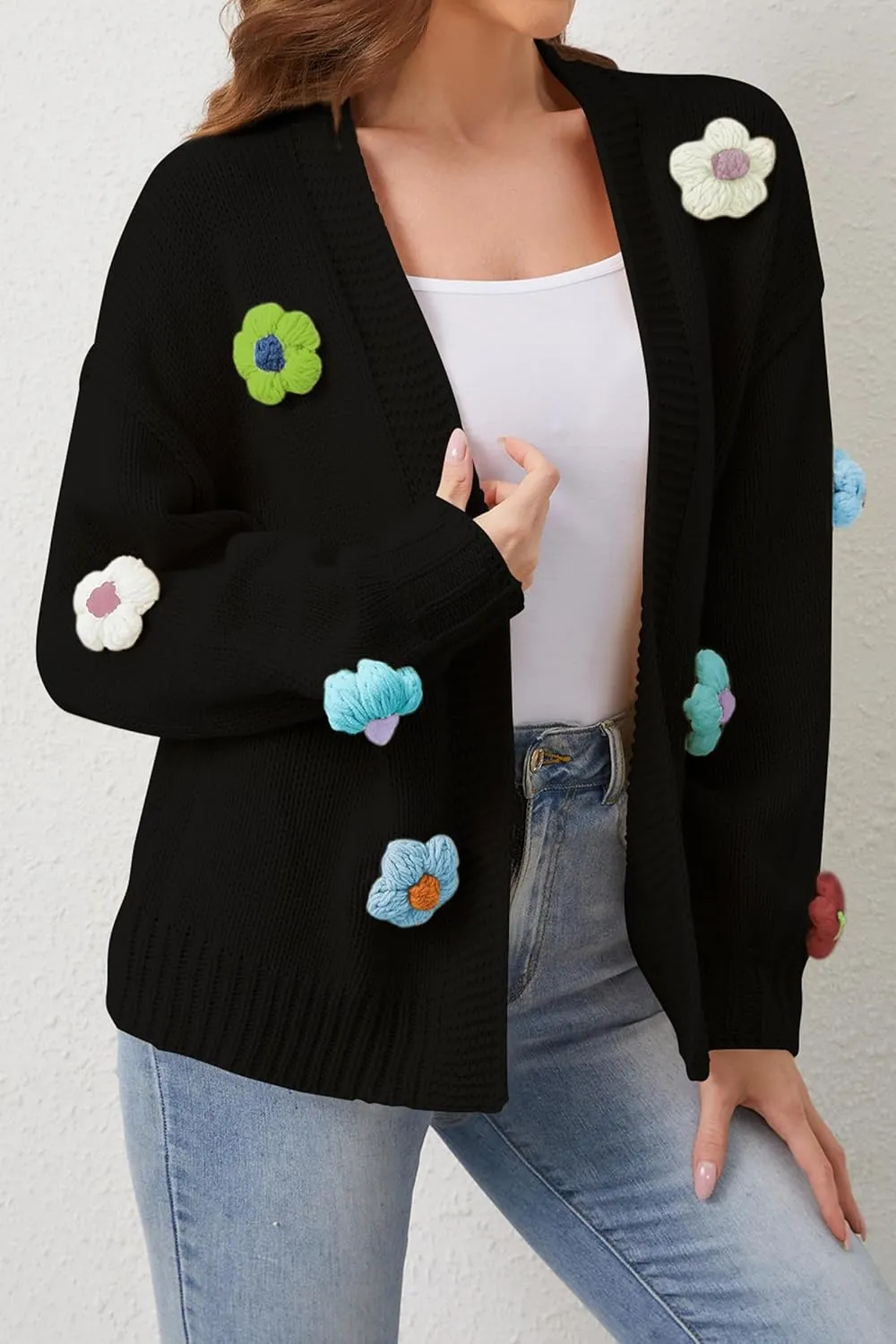 Cakulo Womens 2024 Cardigan Sweaters Fall Oversized Chunky 3D Flower Open Front Knit Cardigans Trendy