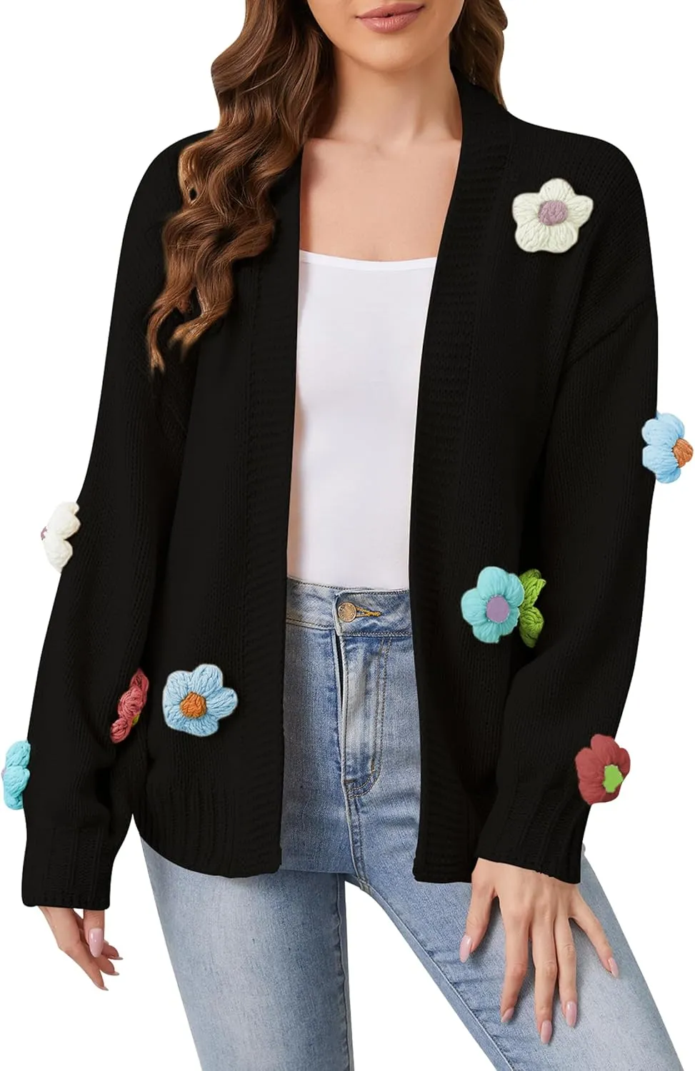 Cakulo Womens 2024 Cardigan Sweaters Fall Oversized Chunky 3D Flower Open Front Knit Cardigans Trendy