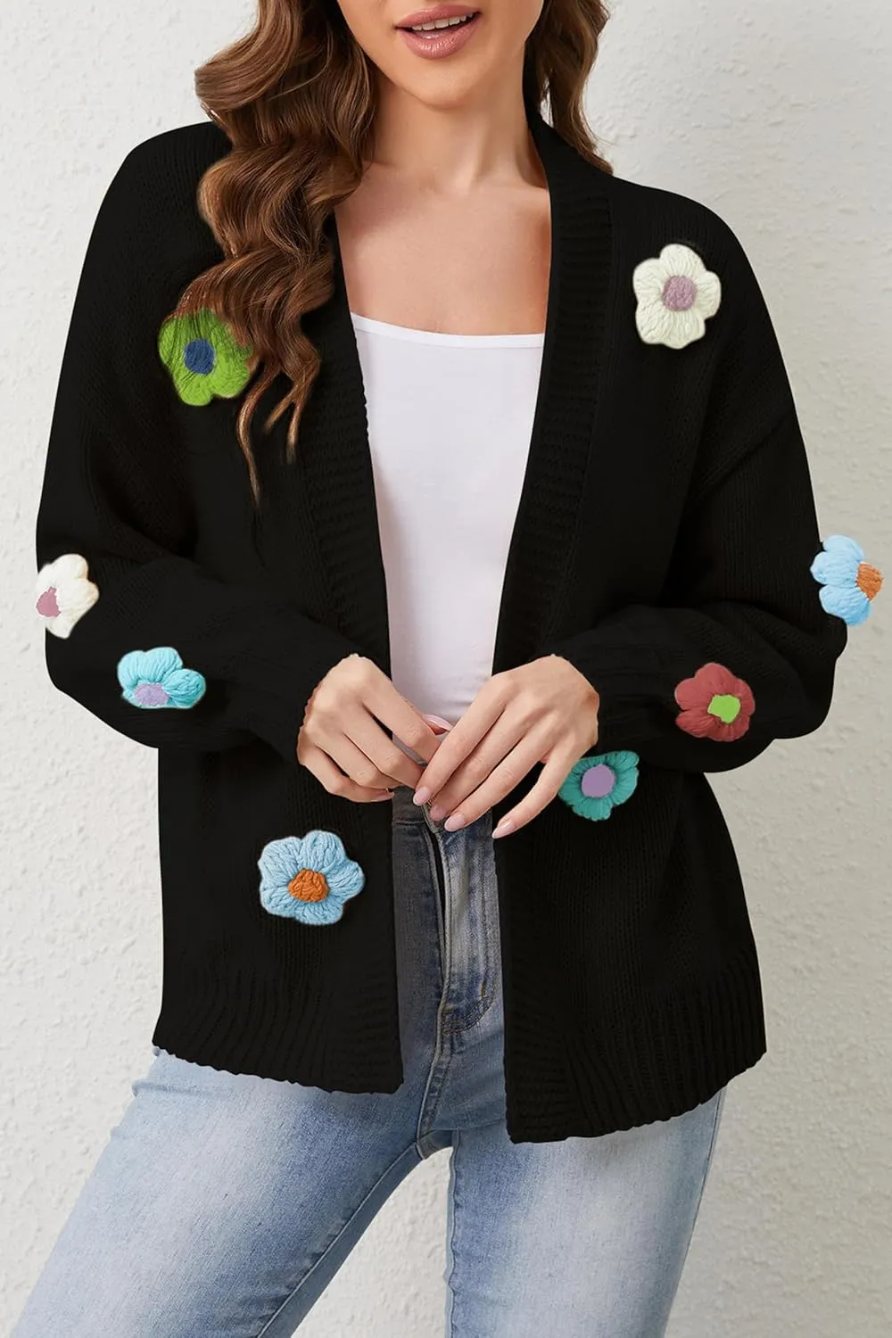 Cakulo Womens 2024 Cardigan Sweaters Fall Oversized Chunky 3D Flower Open Front Knit Cardigans Trendy