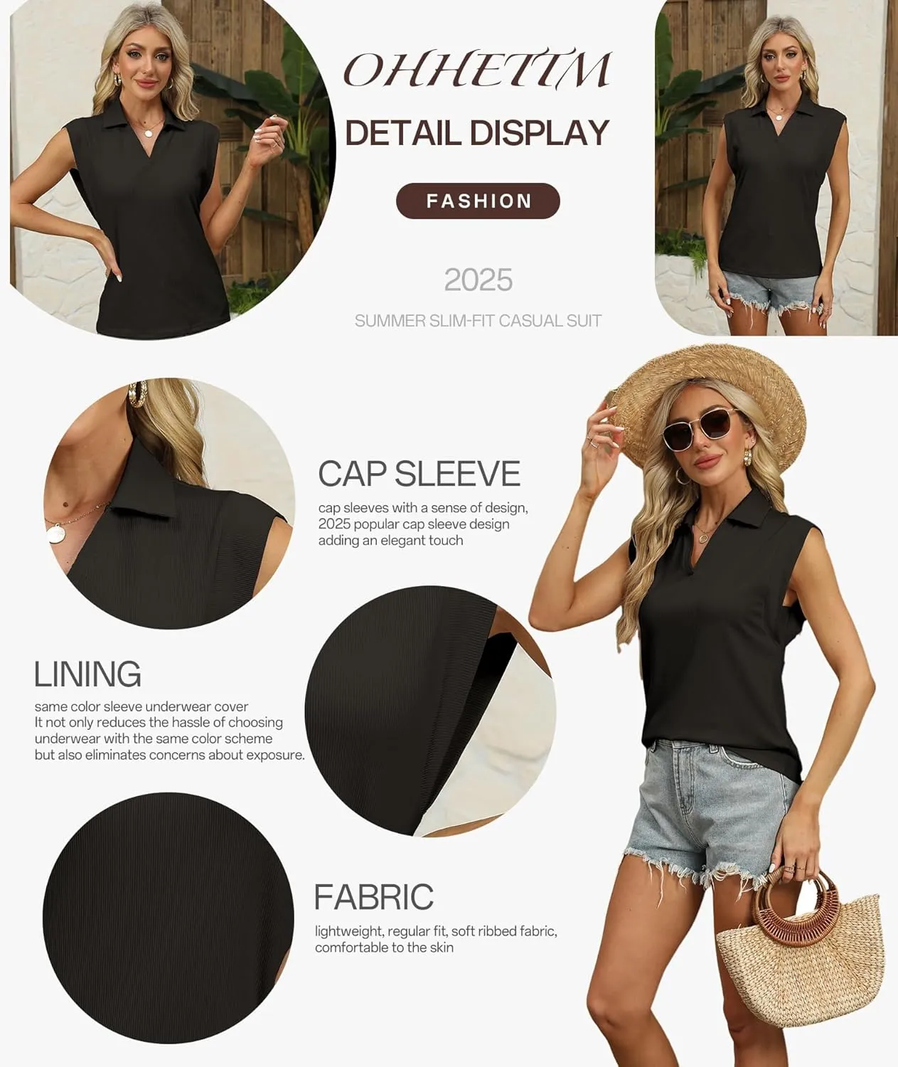 Cap Sleeve Tops for Women 2025 Summer Sleeveless Polo Shirts Collared V Neck Blouses Dressy Casual Work Tank Top