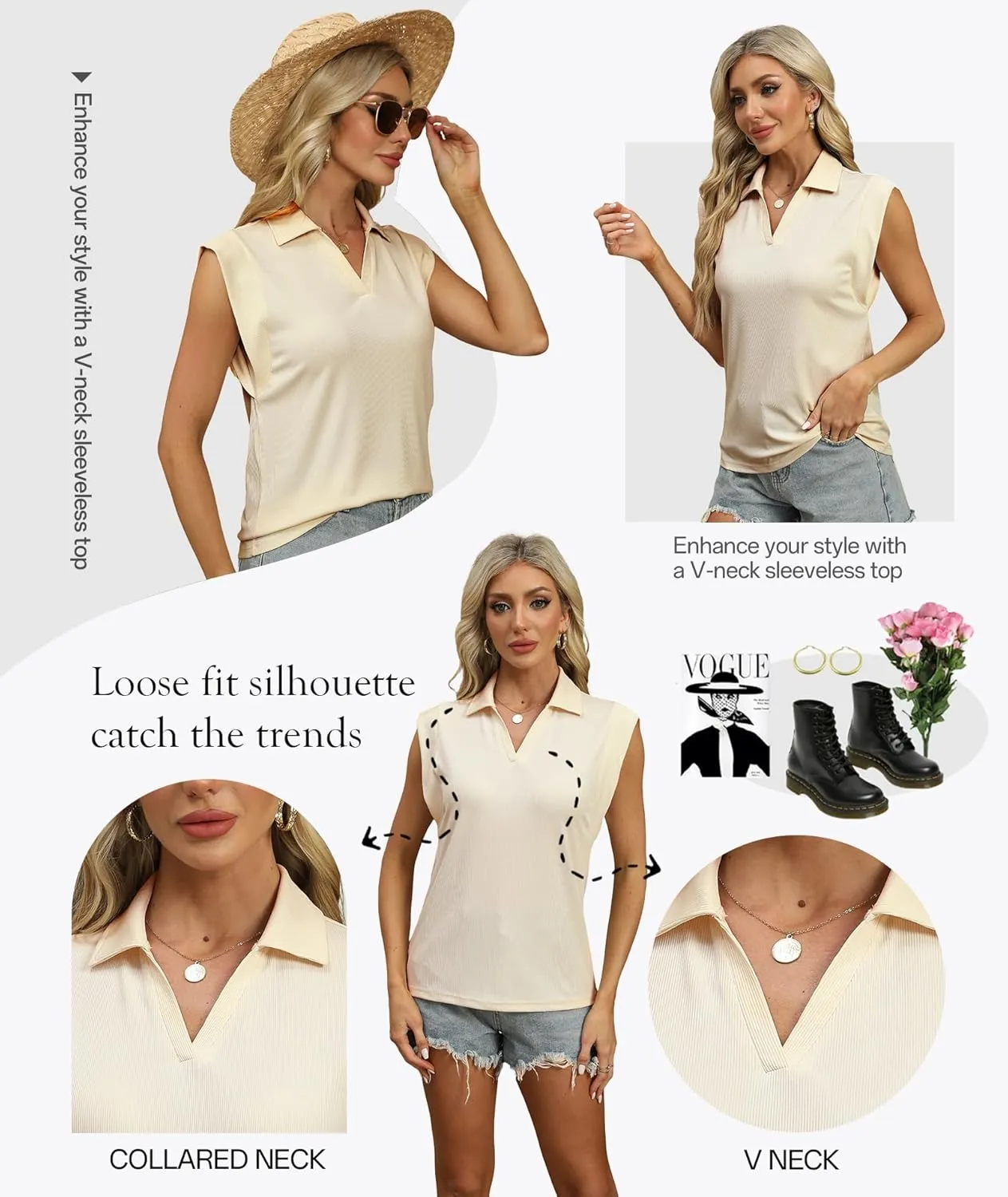Cap Sleeve Tops for Women 2025 Summer Sleeveless Polo Shirts Collared V Neck Blouses Dressy Casual Work Tank Top