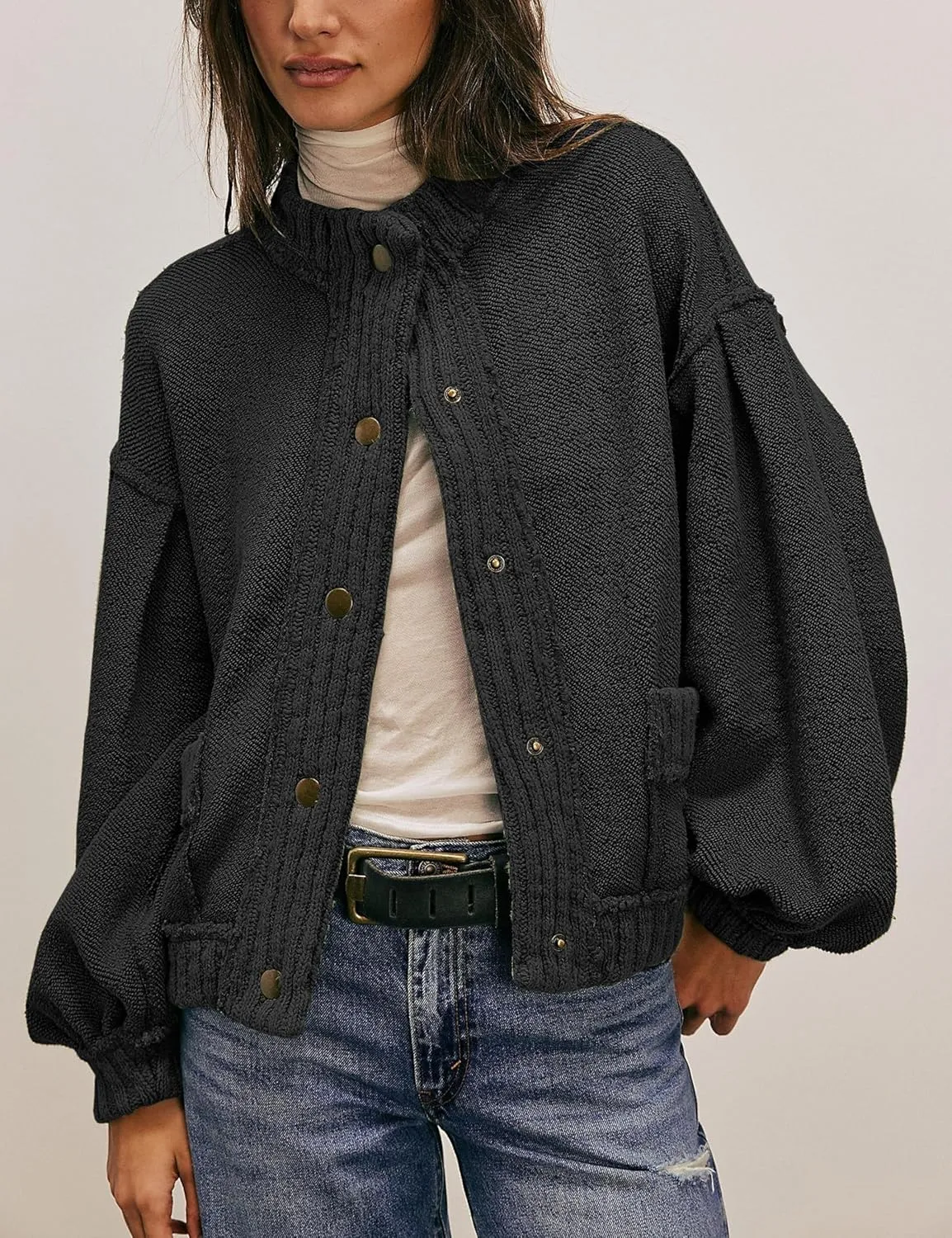 Cardigan Jacket for Women Loose Fit Ribbed Knit Trim Casual Jacket Shacket with Pockets