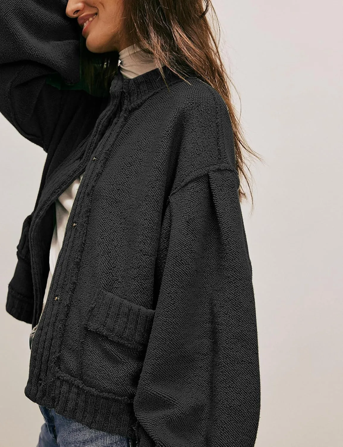 Cardigan Jacket for Women Loose Fit Ribbed Knit Trim Casual Jacket Shacket with Pockets