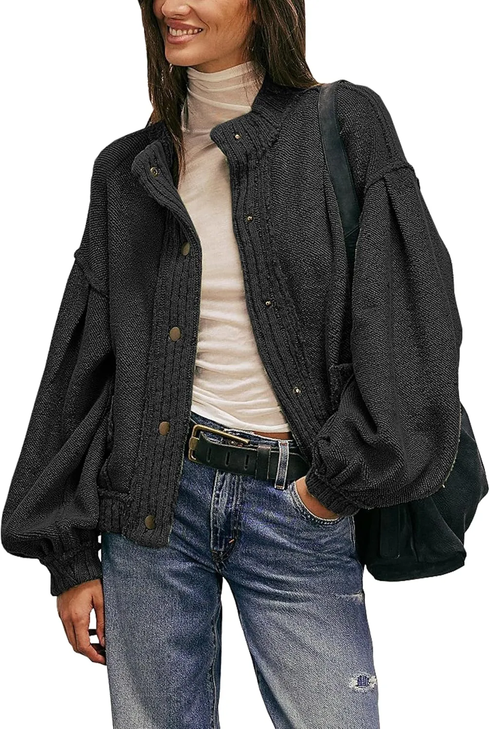 Cardigan Jacket for Women Loose Fit Ribbed Knit Trim Casual Jacket Shacket with Pockets