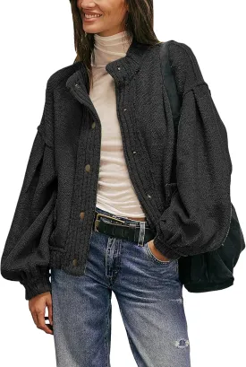 Cardigan Jacket for Women Loose Fit Ribbed Knit Trim Casual Jacket Shacket with Pockets