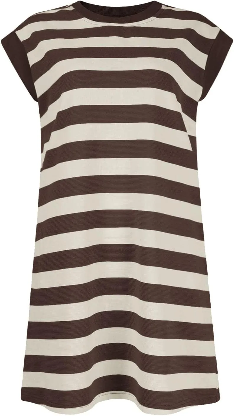Casual Summer Dresses for Women 2025,Summer Striped Tshirt Short Dress Loose Cap Sleeves Round Neck Tshirt Beach Dresses