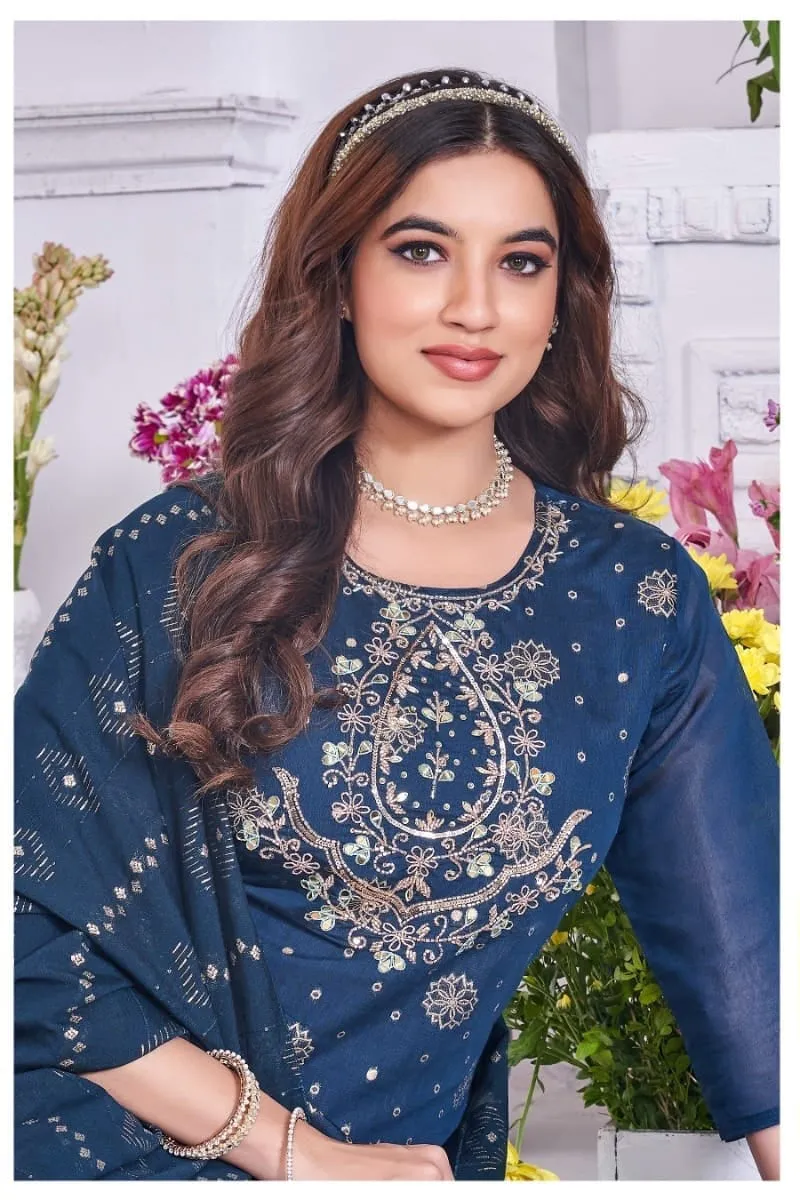 Charming Blue Color Silk Salwar Suits With Banarasi Dupatta For Women