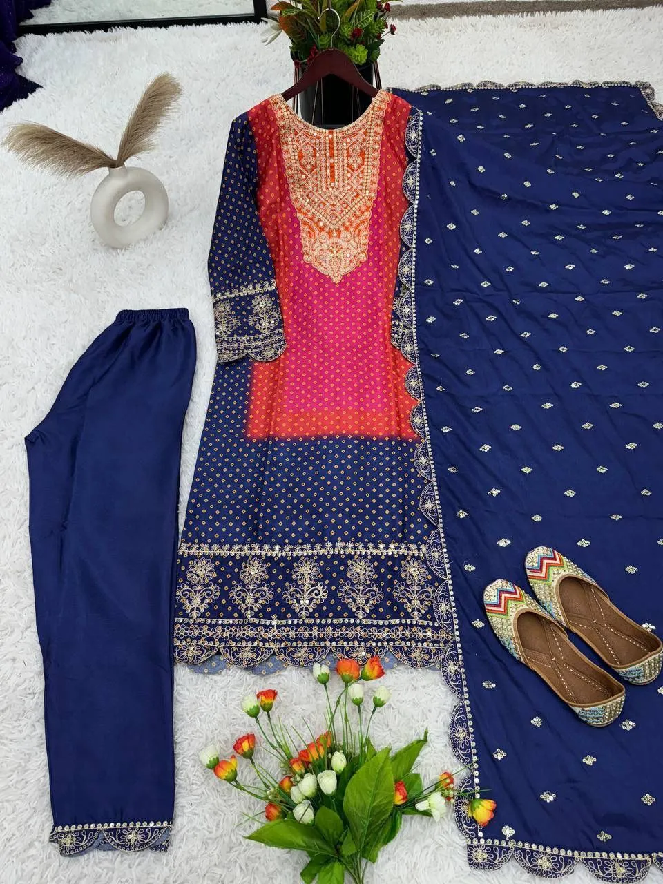 Charming Blue Colored Pure Chinon Heavy Embroidery And Sequins Work Palazzo Suits For Women