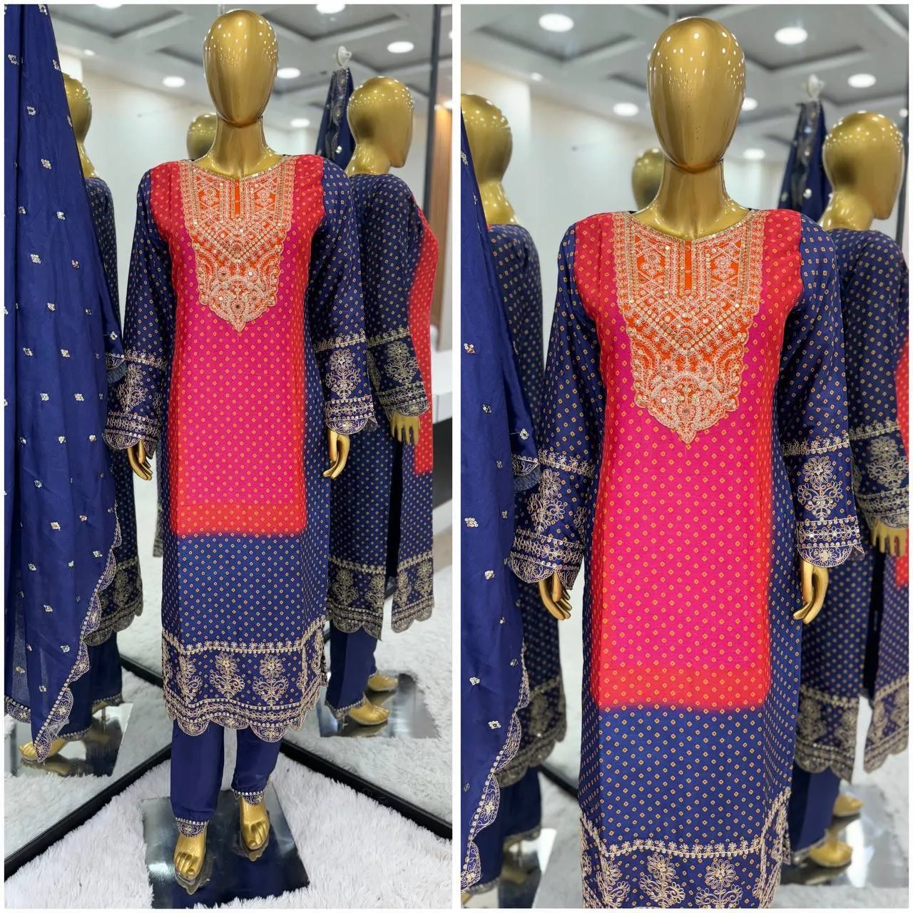 Charming Blue Colored Pure Chinon Heavy Embroidery And Sequins Work Palazzo Suits For Women